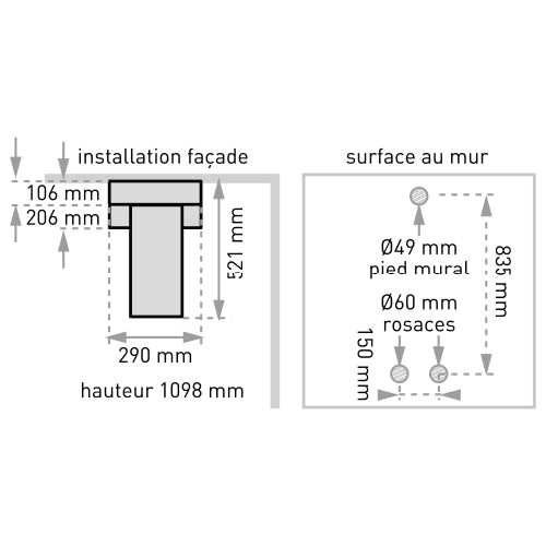 Plan côté de la colonne de douche Isme
