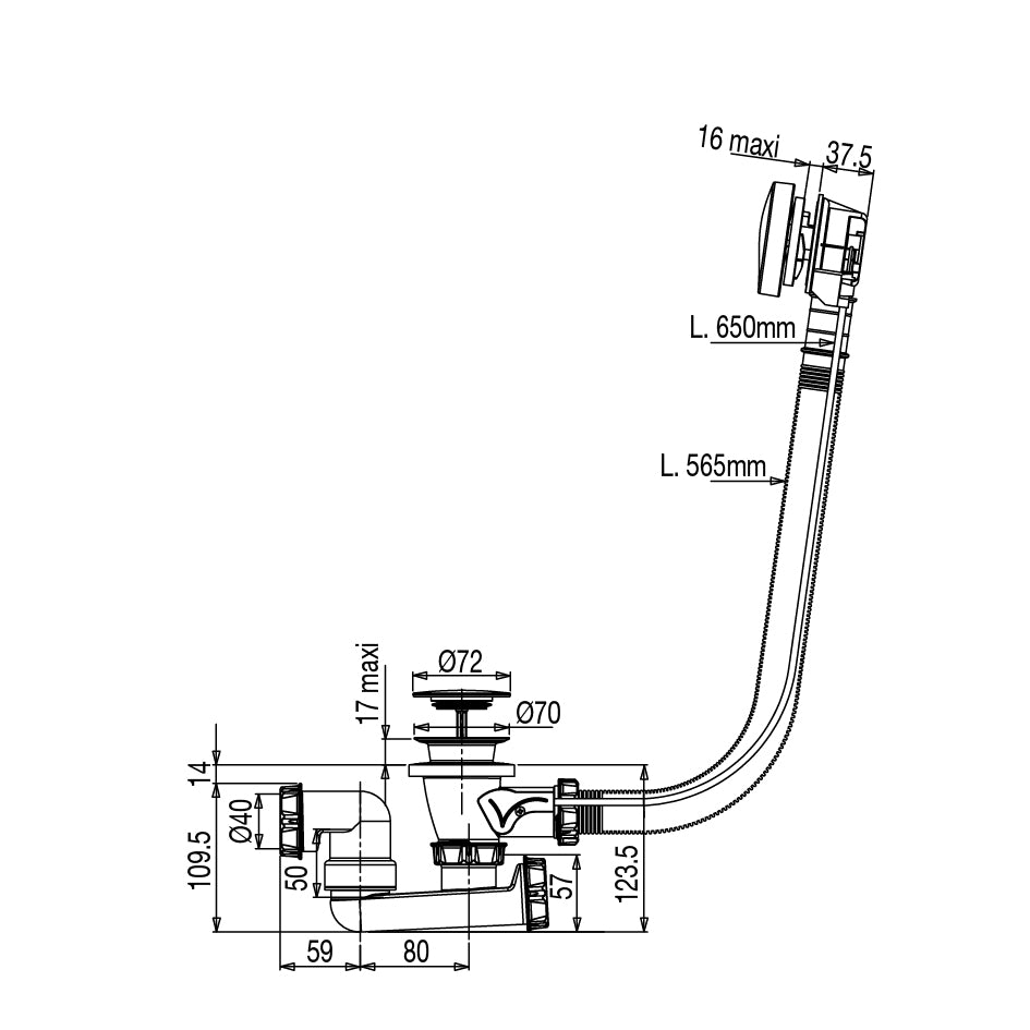 plan côté du vidage à câble finition or mat pour baignoire