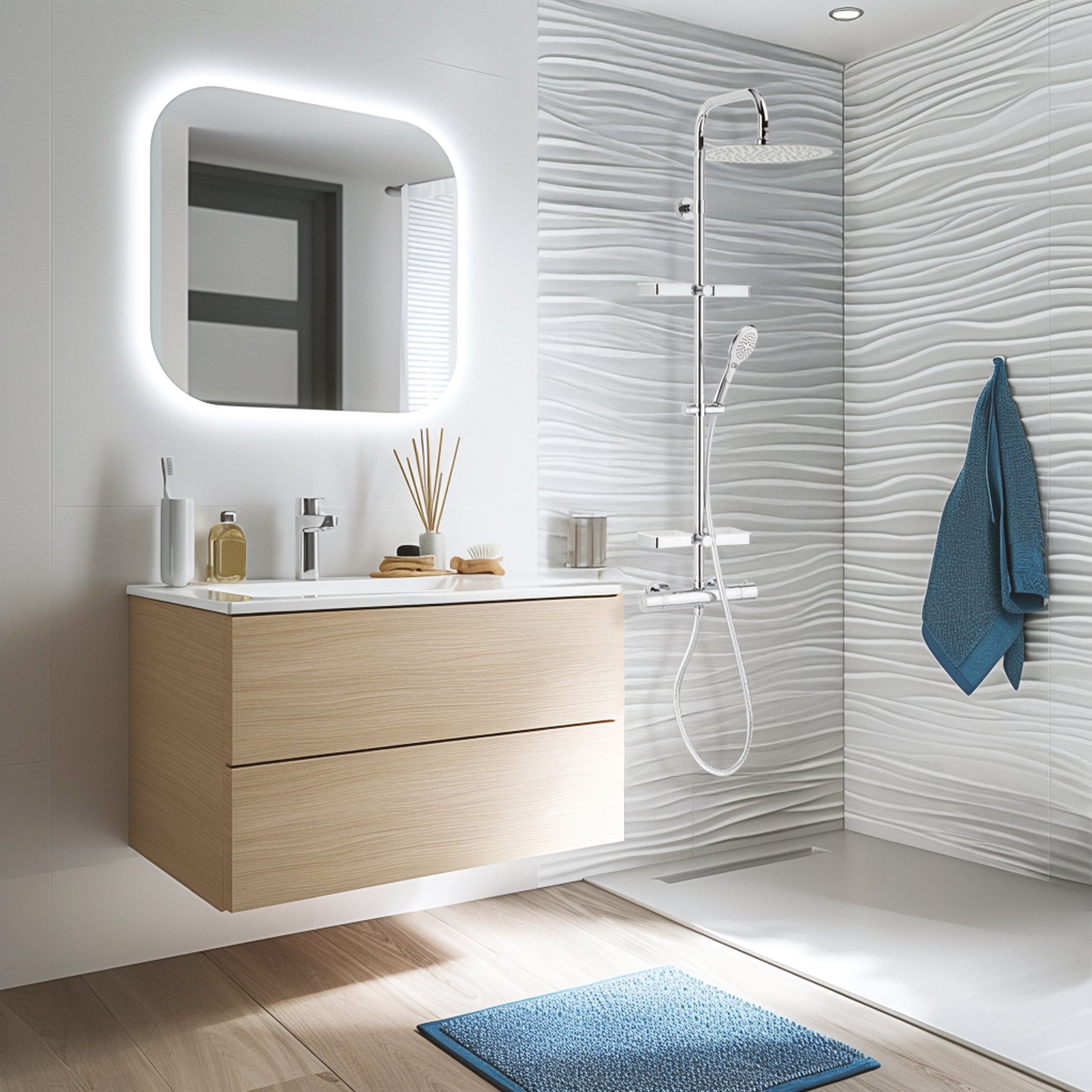 Photo d'ambiance de la colonne de douche Opium 300 avec tablettes