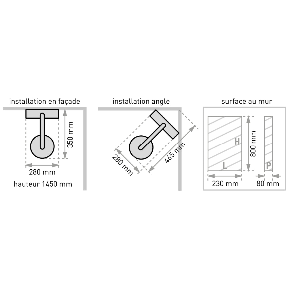 Plan côté de la colonne de douche Nautilus verre avec buses