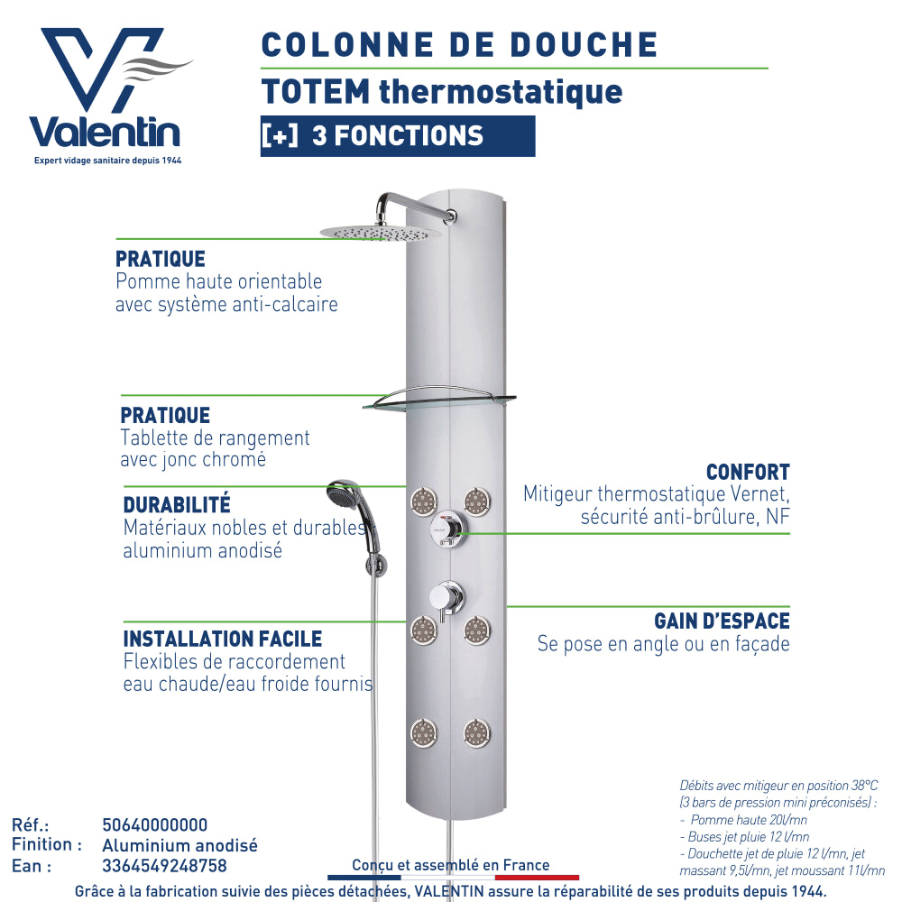 Fiche technique de la colonne de douche Totem thermostatique