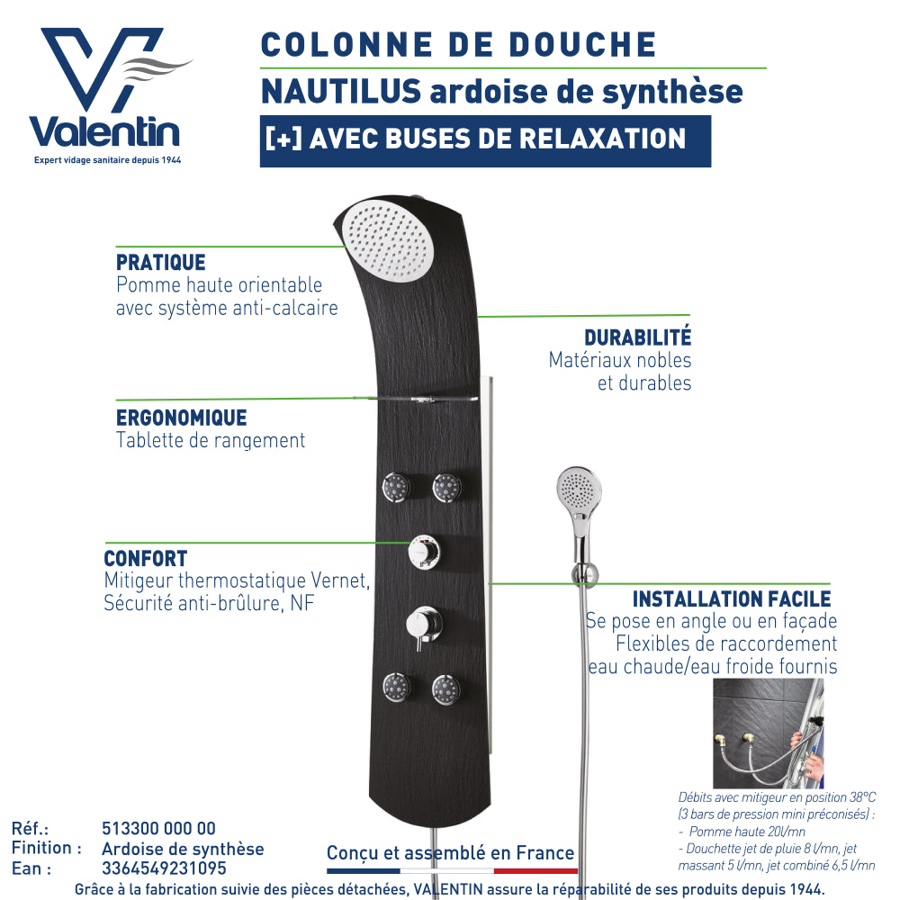 Fiche technique de la colonne de douche Nautilus slate avec buses