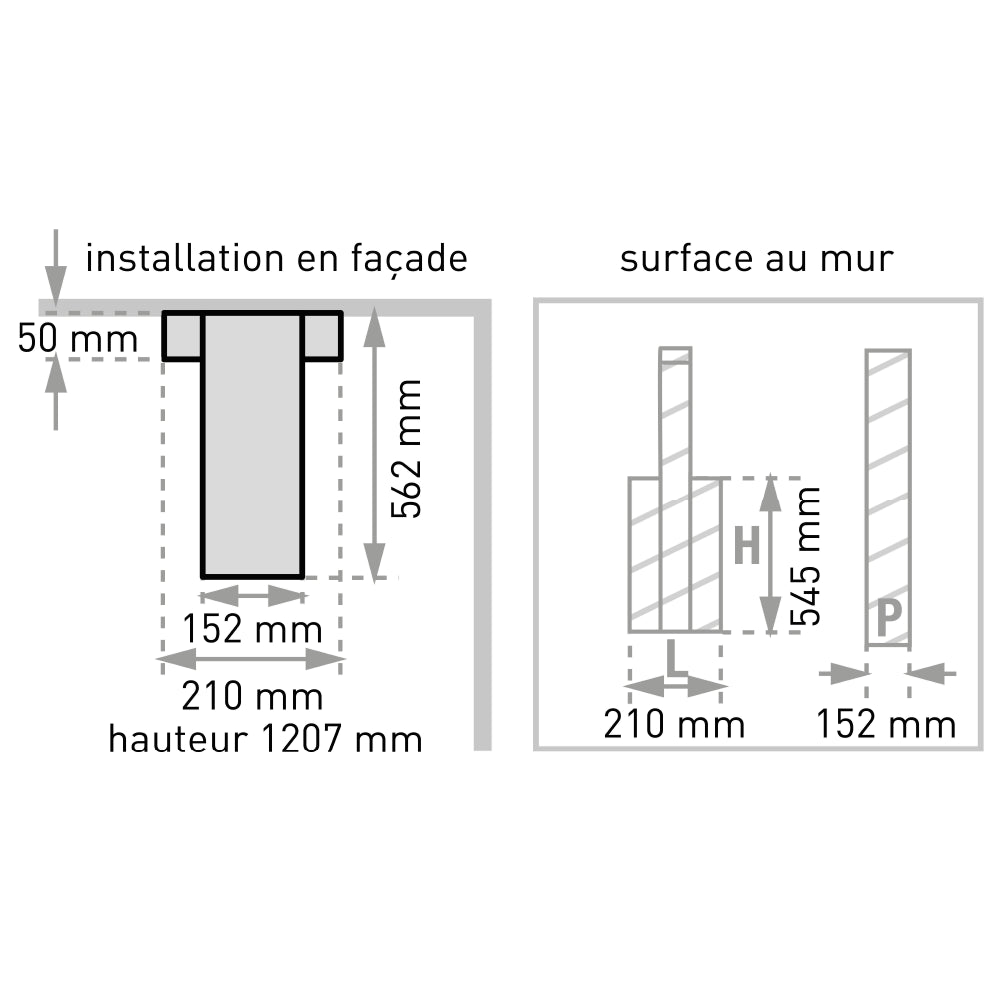 Plan côté de la colonne de douche Dune