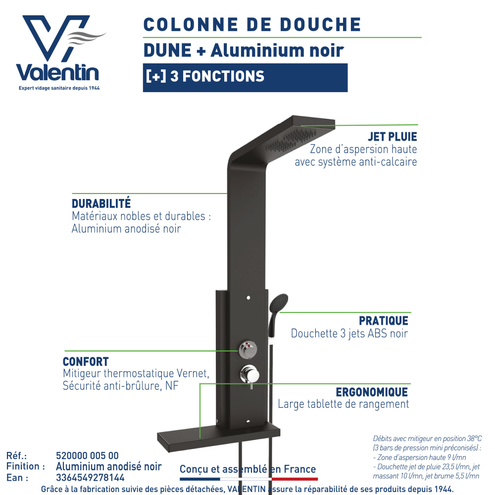 Fiche technique de la colonne de douche Dune noire