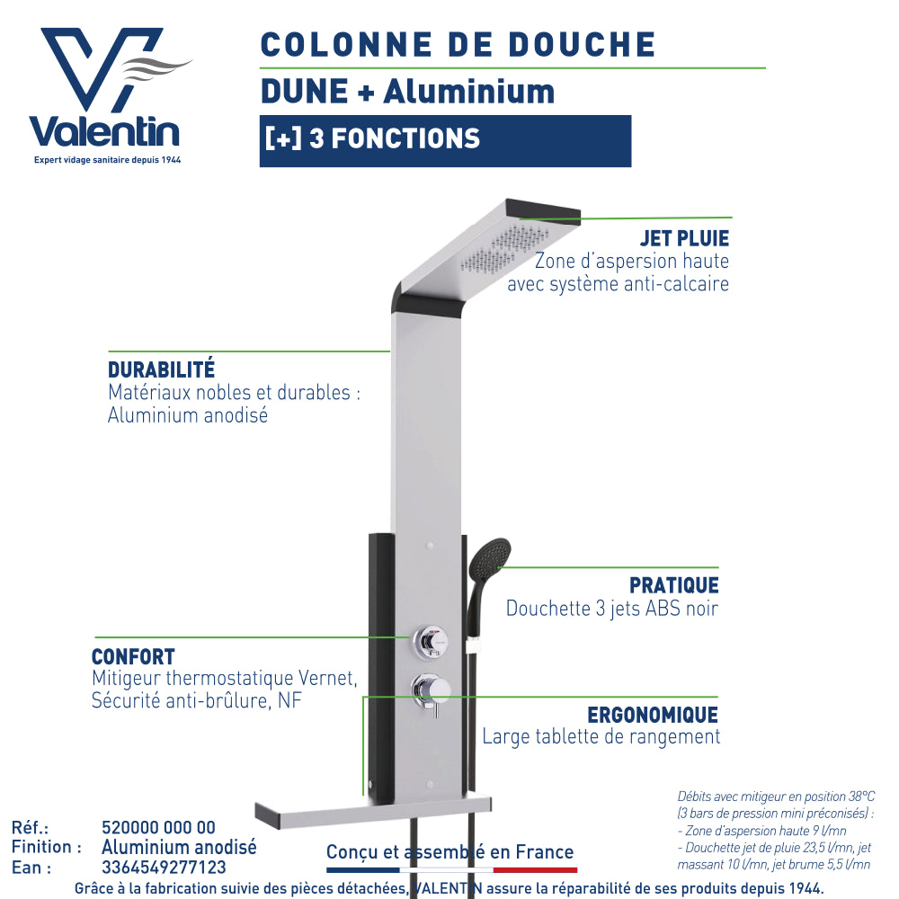 Fiche technique de la colonne de douche Dune + aluminium