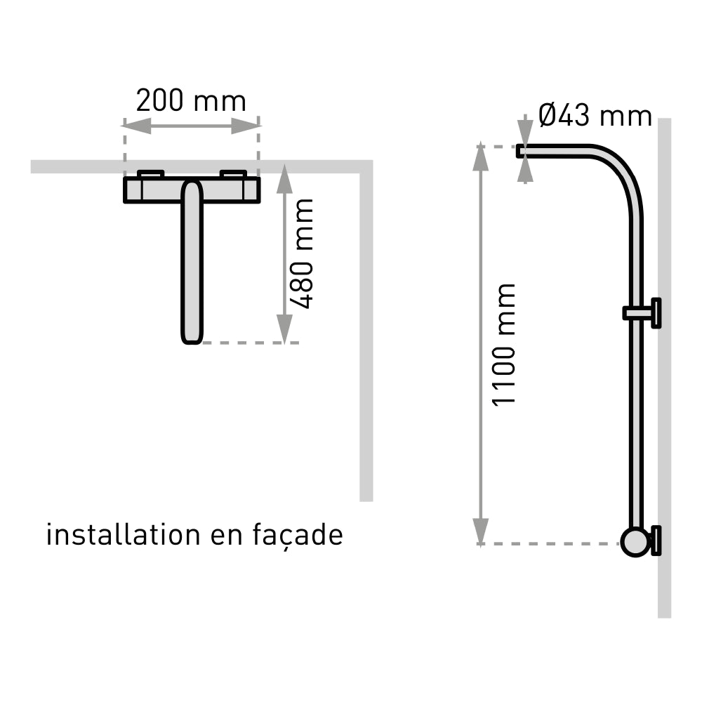 plan côté  de la colonne de douche Allure