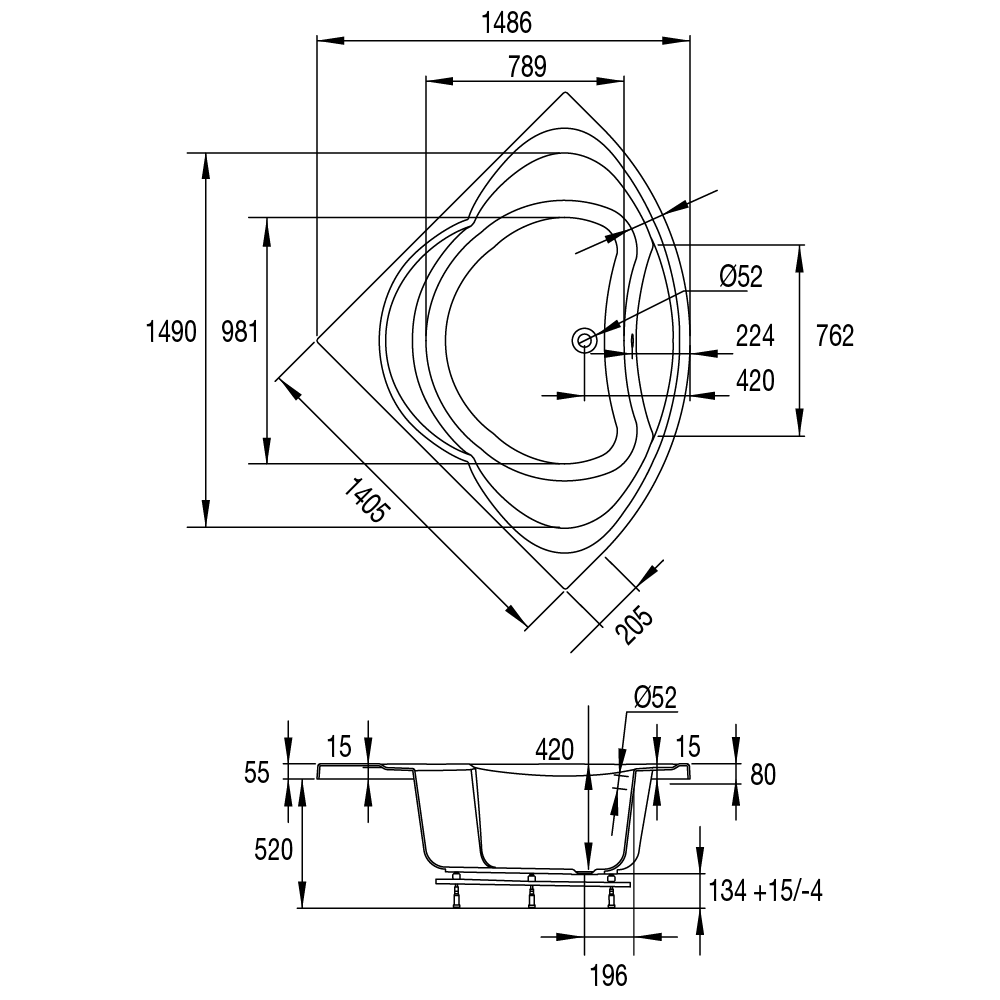 Plan côté de la baignoire balnéo d'angle Diva