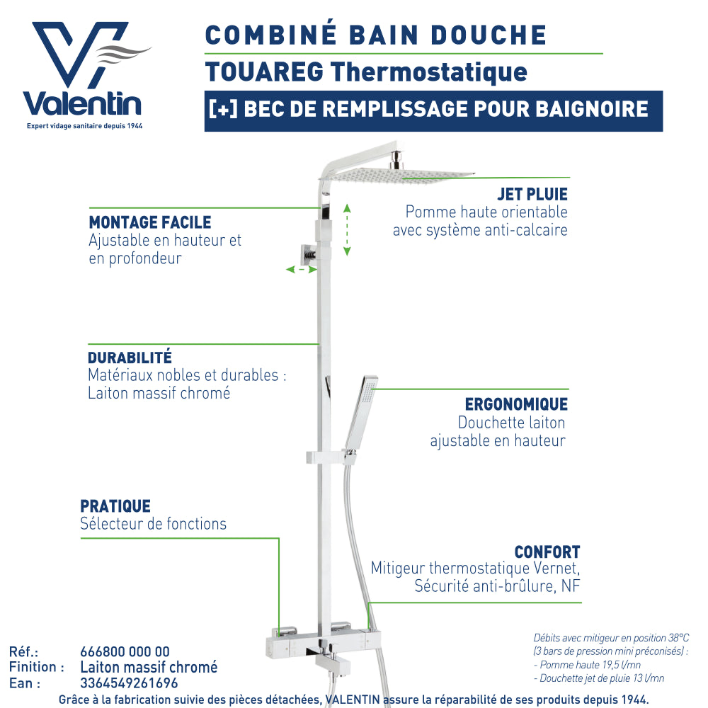 Fiche technique du combiné bain-douche Touareg 300 sans tablettes