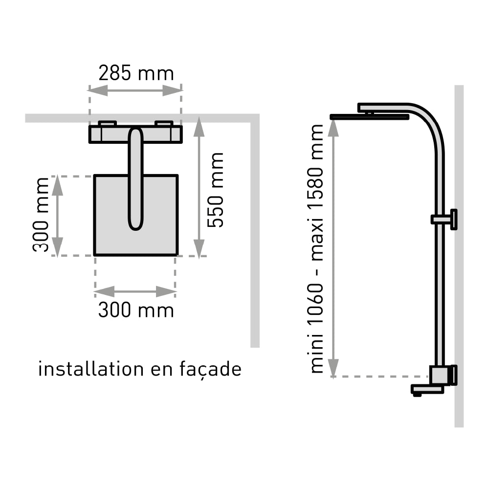 Plan côté du combiné bain-douche Touareg 300 sans tablettes