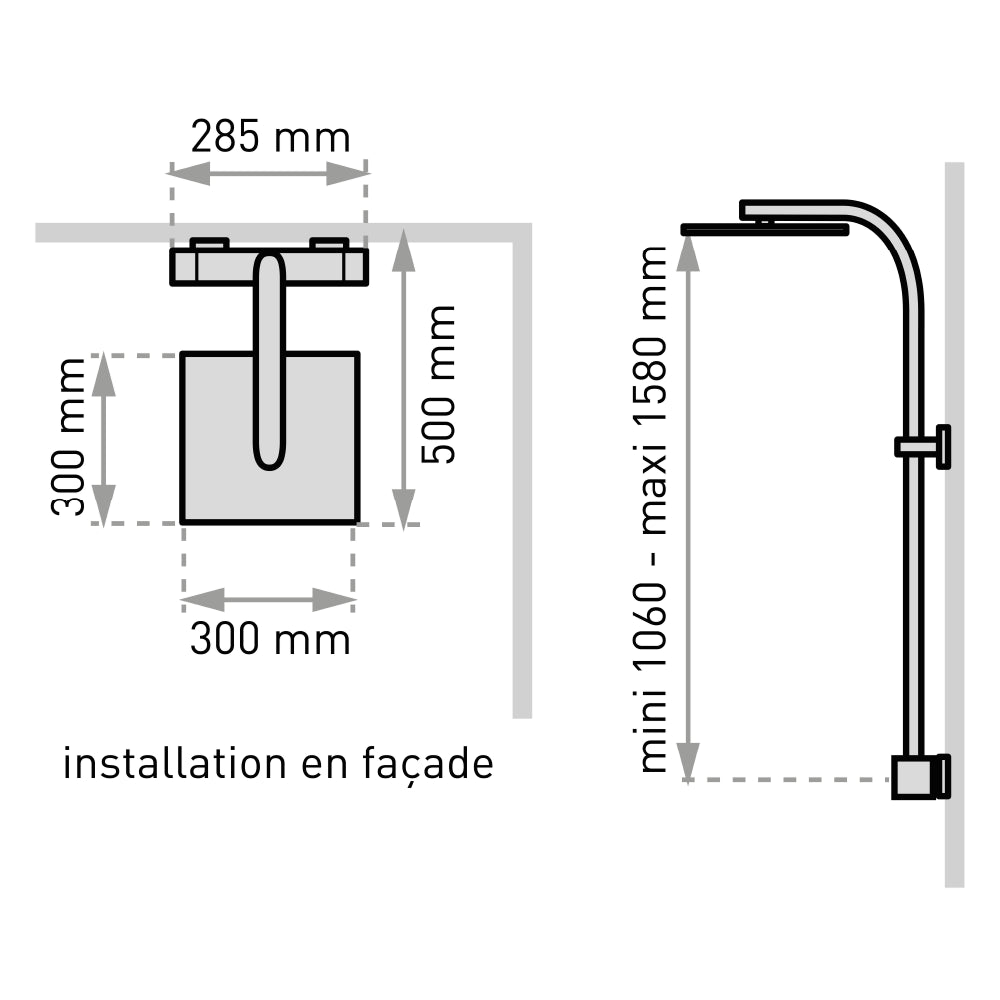 Plan côté du combiné de douche Touareg 300 sans tablettes