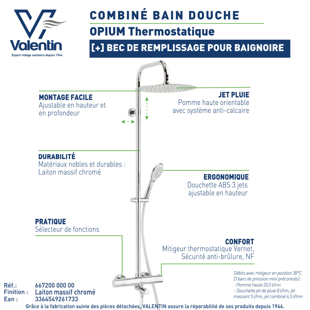 Fiche technique du combiné bain-douche Opium 300 sans tablettes