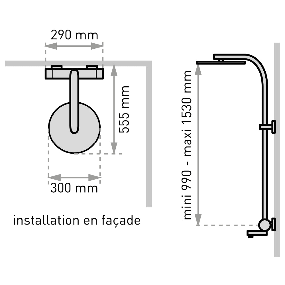 Plan côté du combiné bain-douche Opium 300 sans tablettes