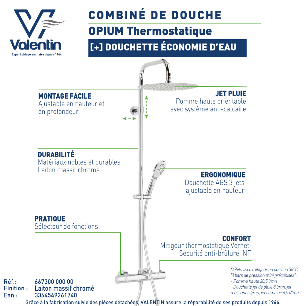 Fiche technique de la colonne de douche Opium 300 sans tablettes
