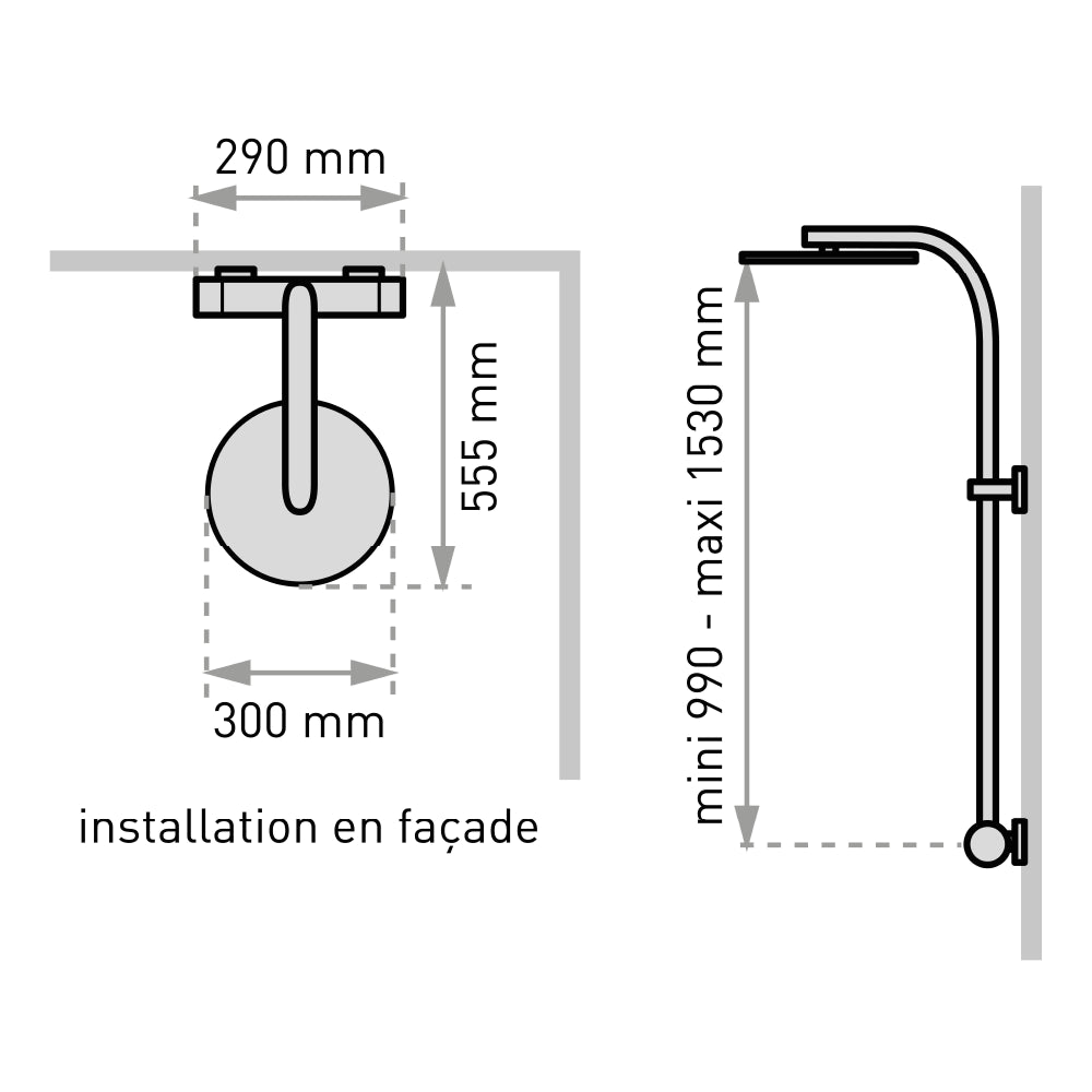 Plan côté de la colonne de douche Opium 300 sans tablettes