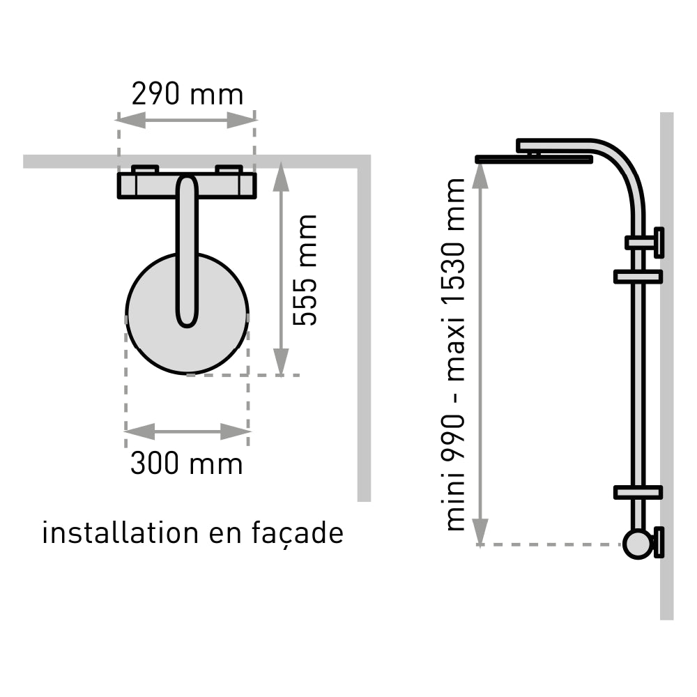 Plan côté de la colonne de douche Opium 300 avec tablettes