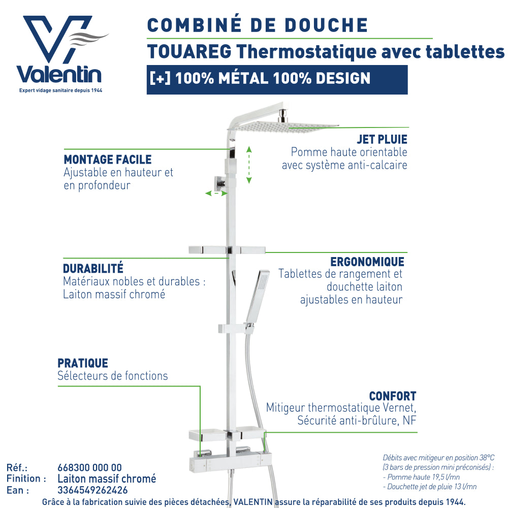 Fiche technique de la colonne de douche Touareg 300 avec tablettes