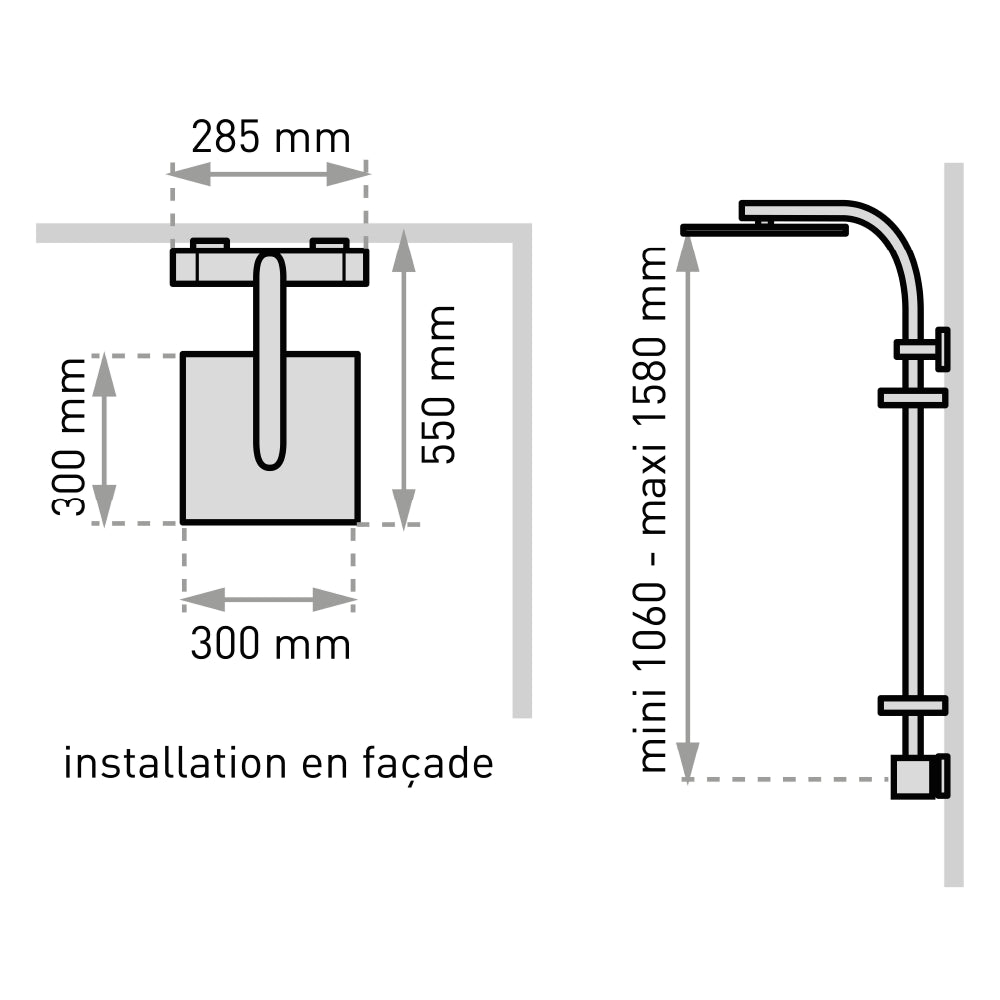 Plan côté de la colonne de douche Touareg 300 avec tablettes