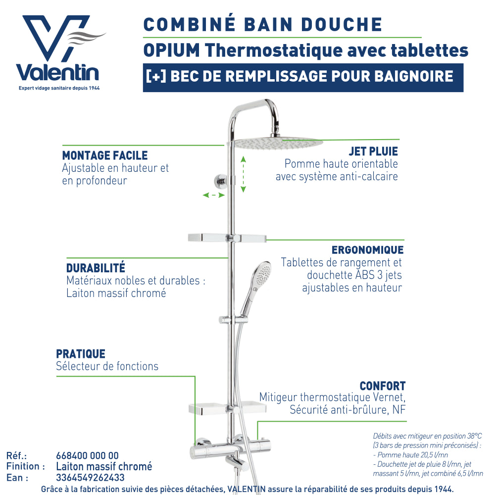 Fiche technique du combiné bain-douche Opium 300 avec tablettes