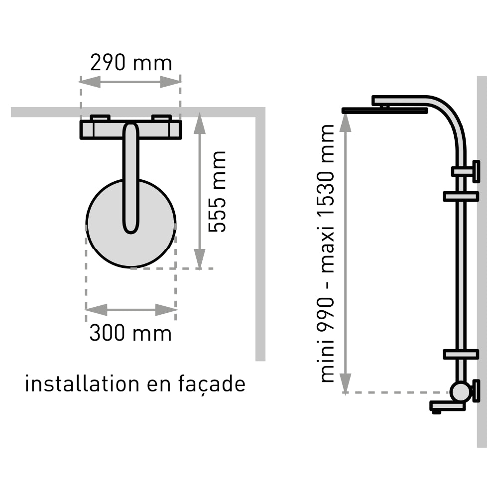 Plan côté du combiné bain-douche Opium 300 avec tablettes