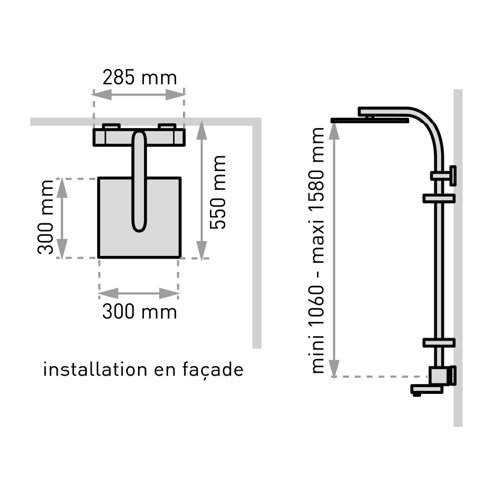 plan côté de la colonne de douche TOUAREG 300 bain-douche avec tablette
