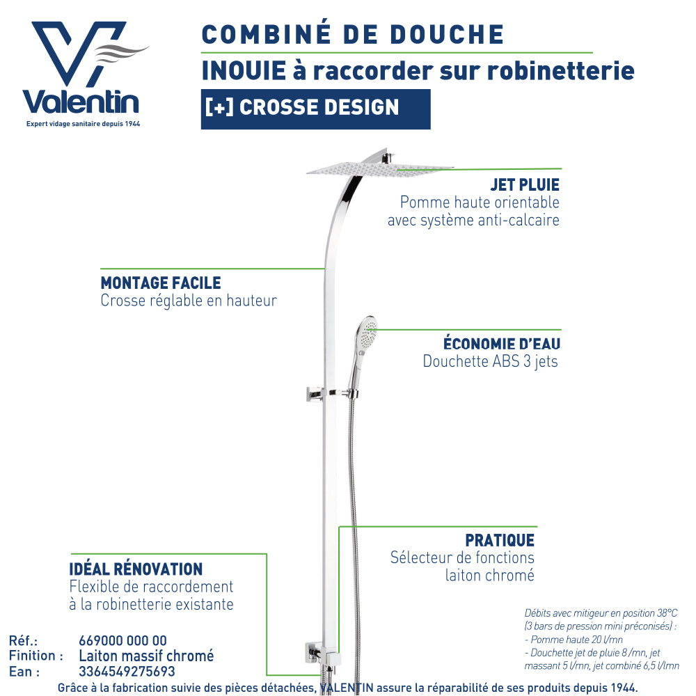 Fiche technique du combiné de douche Inouie à raccorder sur robinetterie