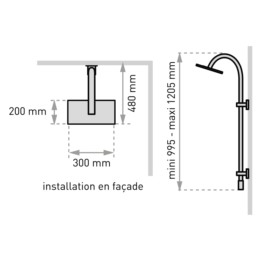 Plan côté du combiné de douche Inouie à raccorder sur robinetterie