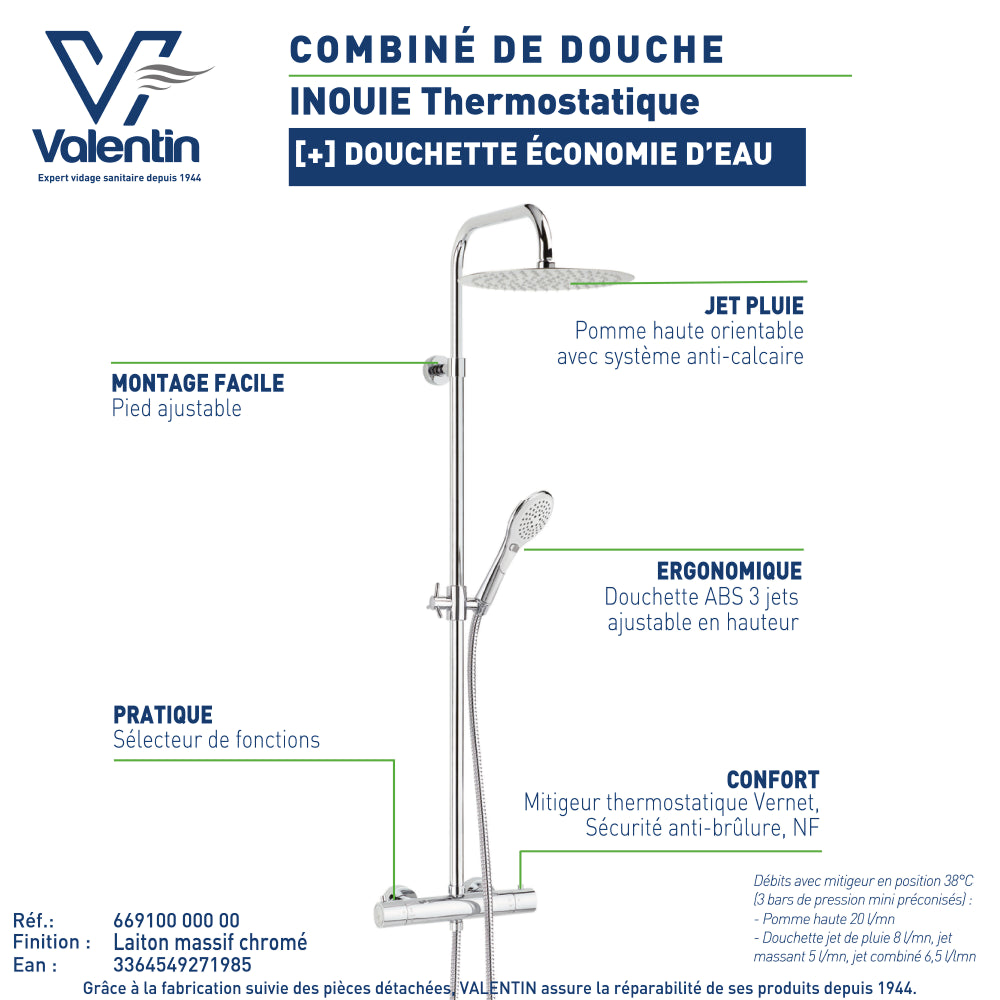 Fiche technique du combiné de douche Inouie thermostatique