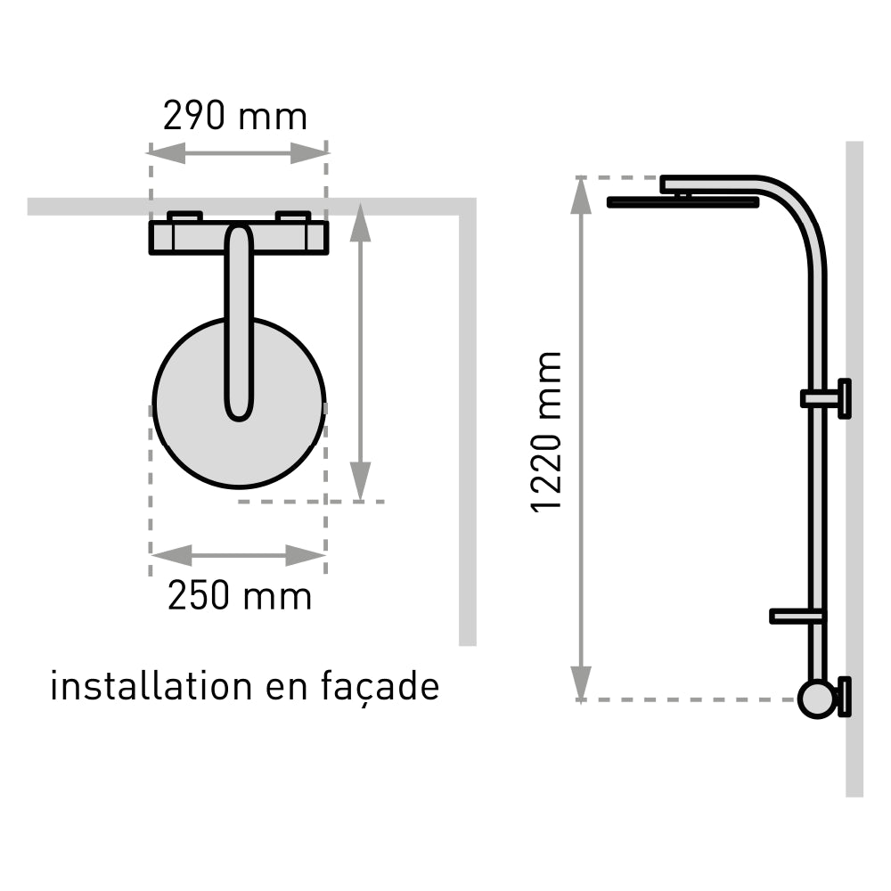 Plan côté du combiné de douche Inouie thermostatique