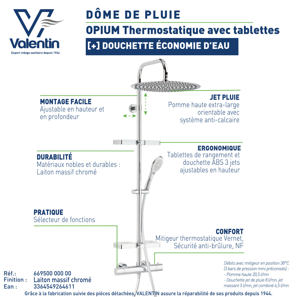 Fiche technique de la colonne de douche Opium 400 avec tablettes