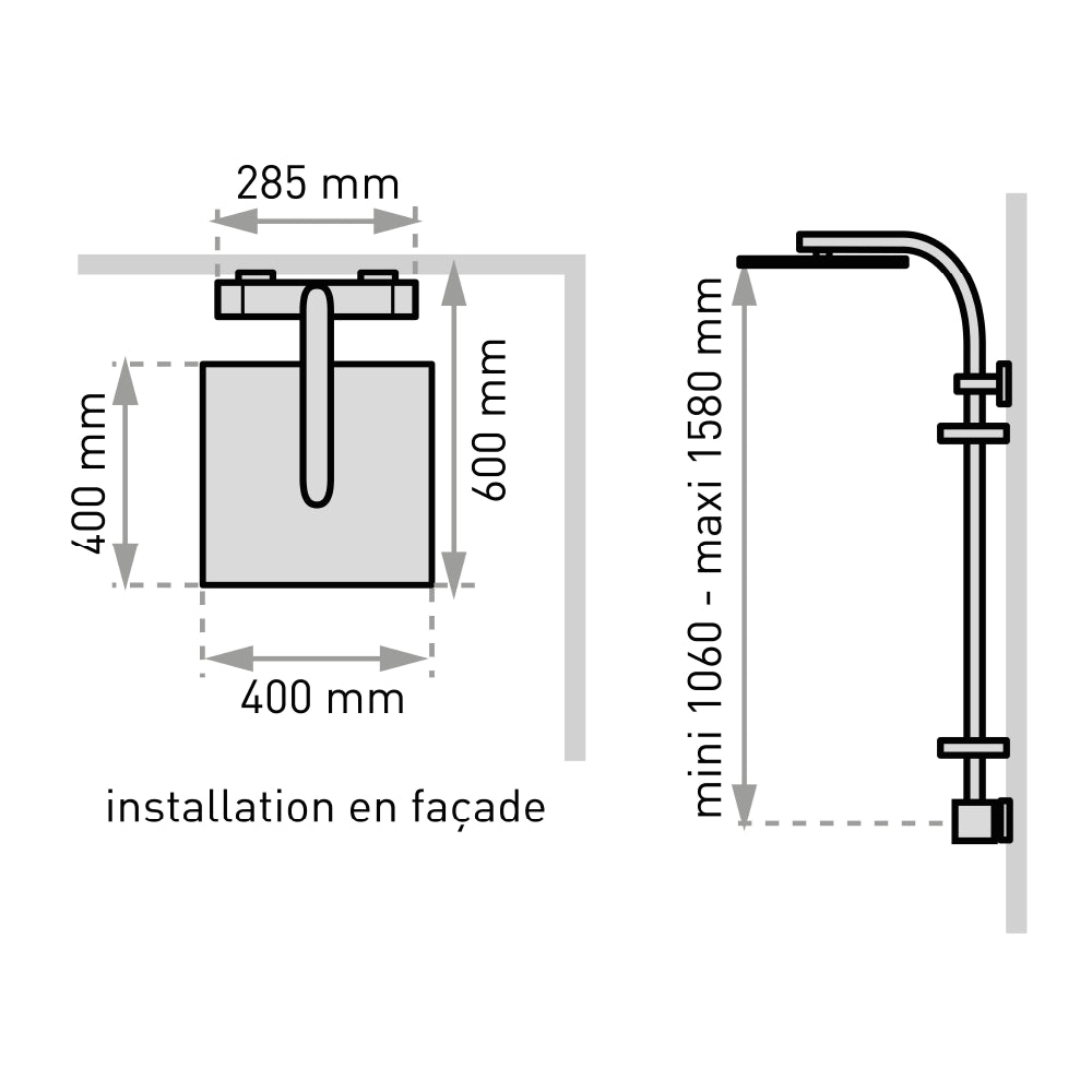 Plan côté de la colonne de douche Touareg 400 avec tablette