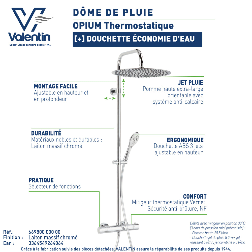 Fiche technique de la colonne de douche Opium 400 sans tablette