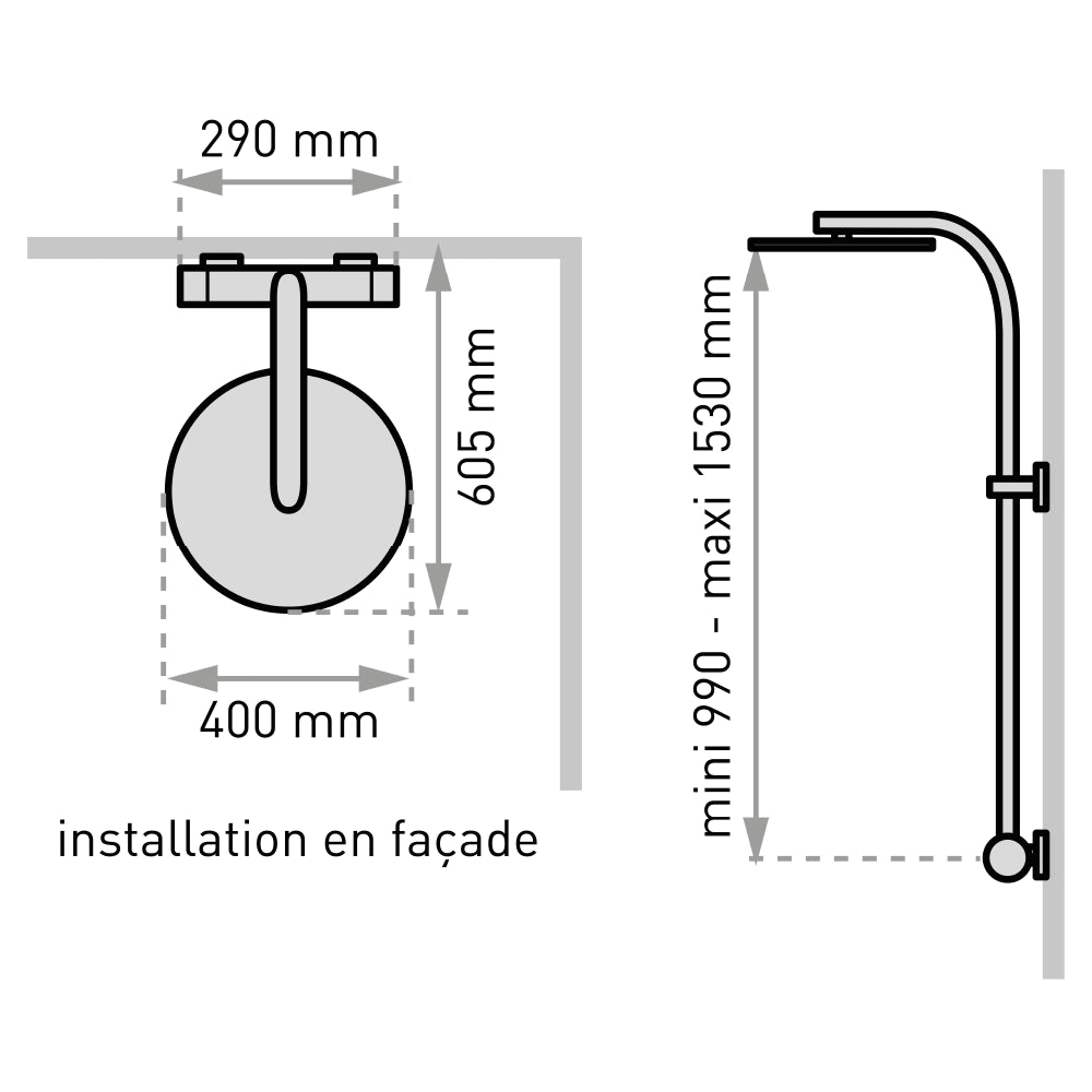 Plan côté de la colonne de douche Opium 400 sans tablette