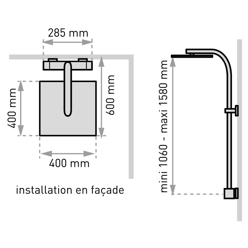 Plan côté de la colonne de douche Touareg 400 sans tablette