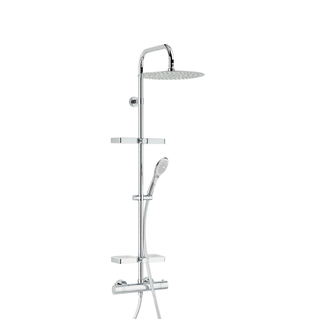 Combiné de douche Opium en chrome équipé de tablettes, robinet thermostatique et pomme haute
