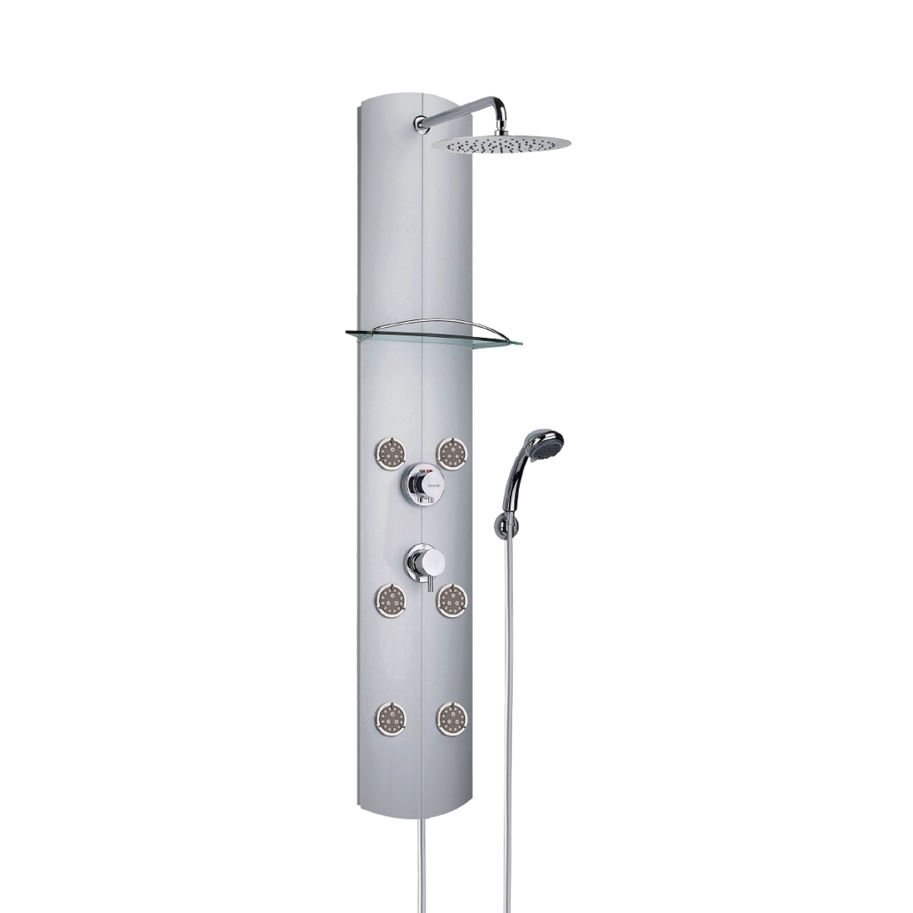 Colonne de douche avec robinetterie thermostatique et douchette 3 jets de marque Totem Alu