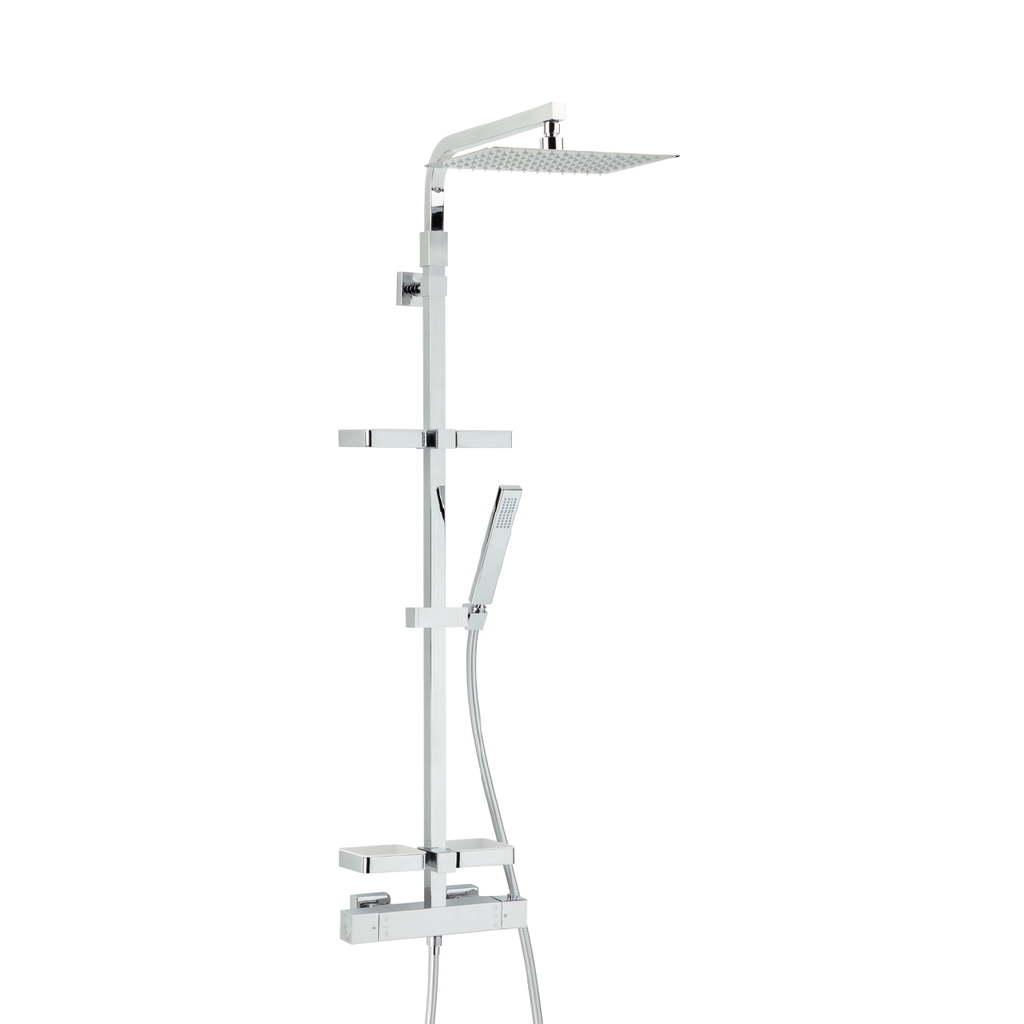 Combiné de douche Touareg en chrome avec robinet thermostatique, tablettes et pomme haute,Colonne de douche thermostatique Touareg Valentin
