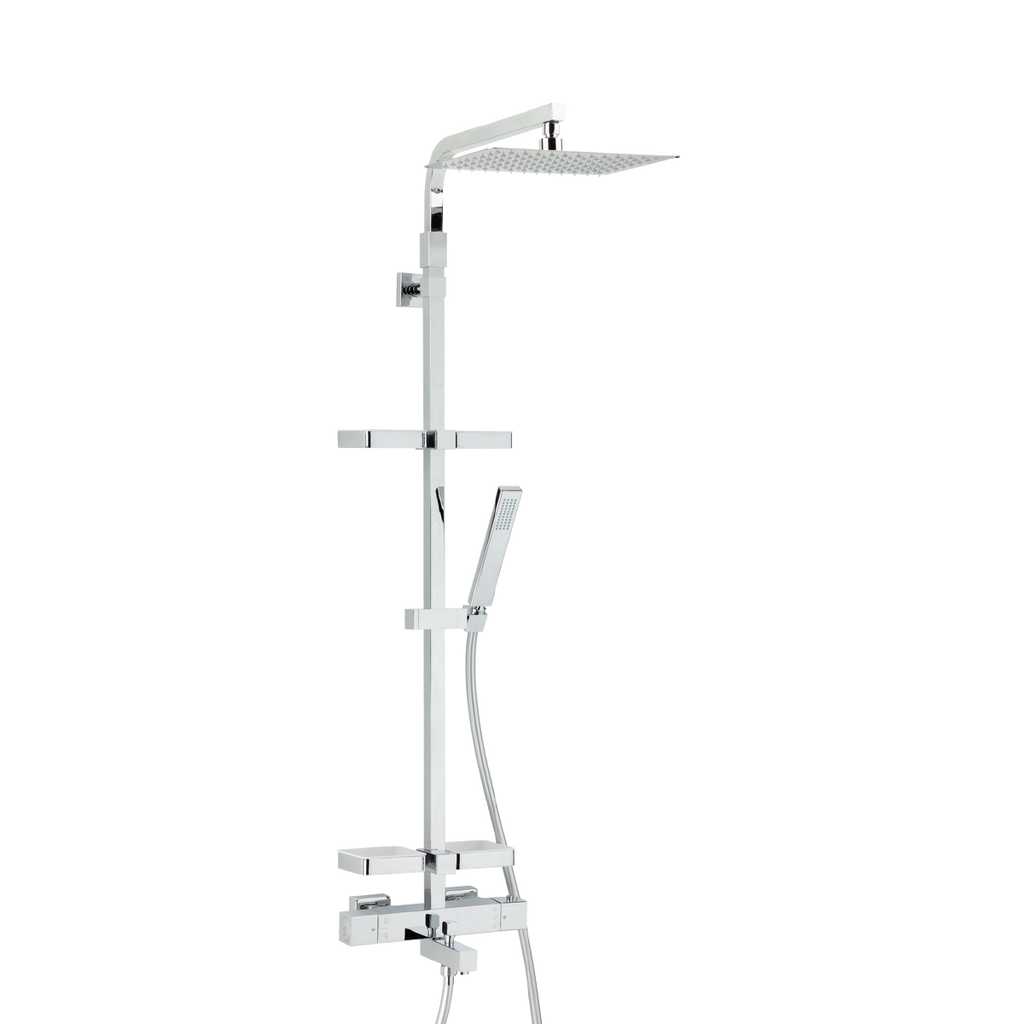 Combiné de douche Touareg en chrome avec robinet thermostatique et tablettes pour baignoire/douche,Colonne de douche et bain avec robinet thermostatique et pomme haute carrée