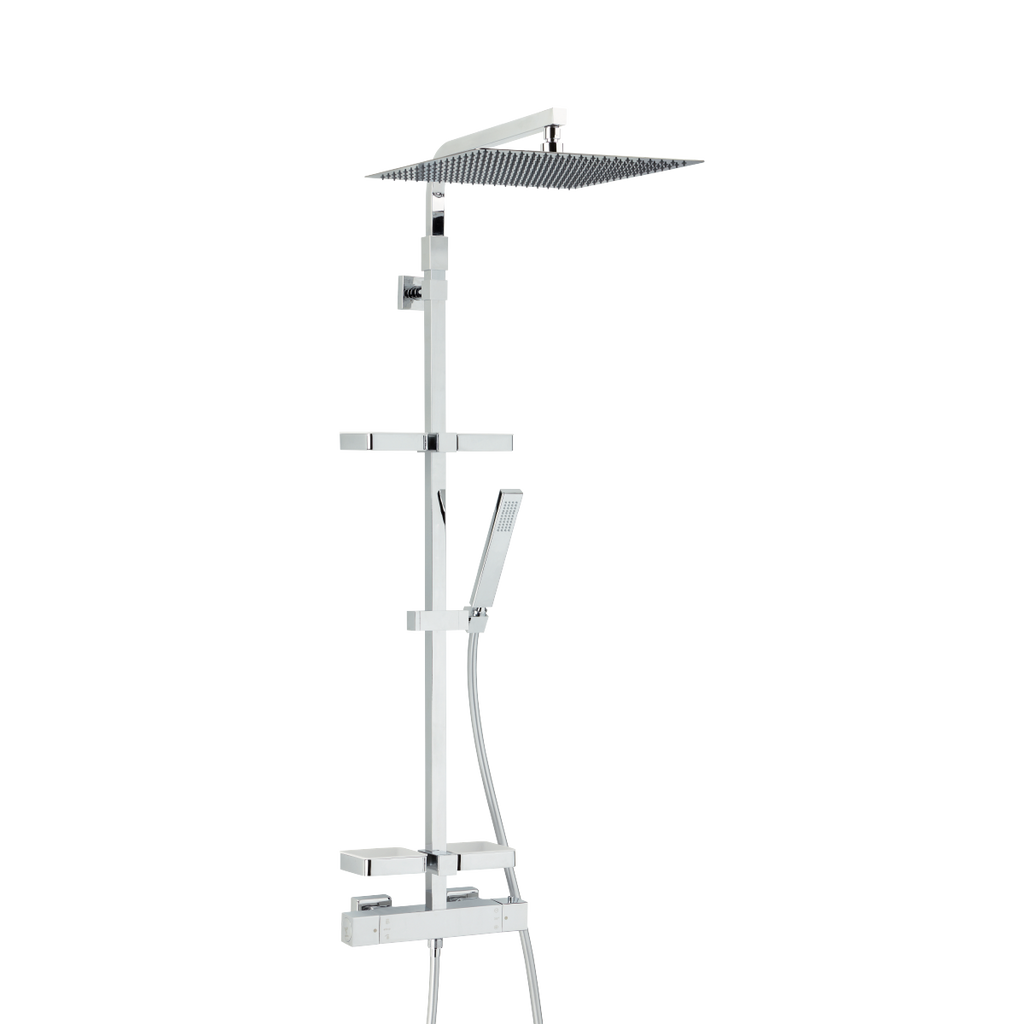 Combiné de douche Touareg en chrome avec pomme haute 400mm et robinet thermostatique plus tablettes,Colonne de douche avec robinet thermostatique pomme haute extra-large design