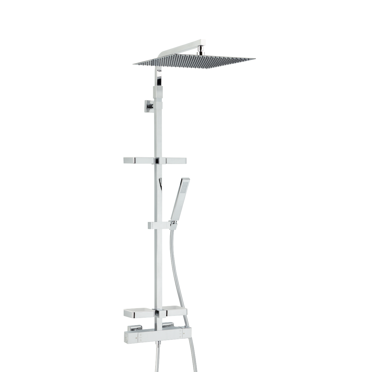 Combiné de douche Touareg en chrome avec pomme haute 400mm et robinet thermostatique plus tablettes,Colonne de douche avec robinet thermostatique pomme haute extra-large design