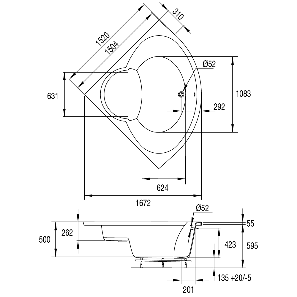 plan côté de la baignoire d'angle design bossanova