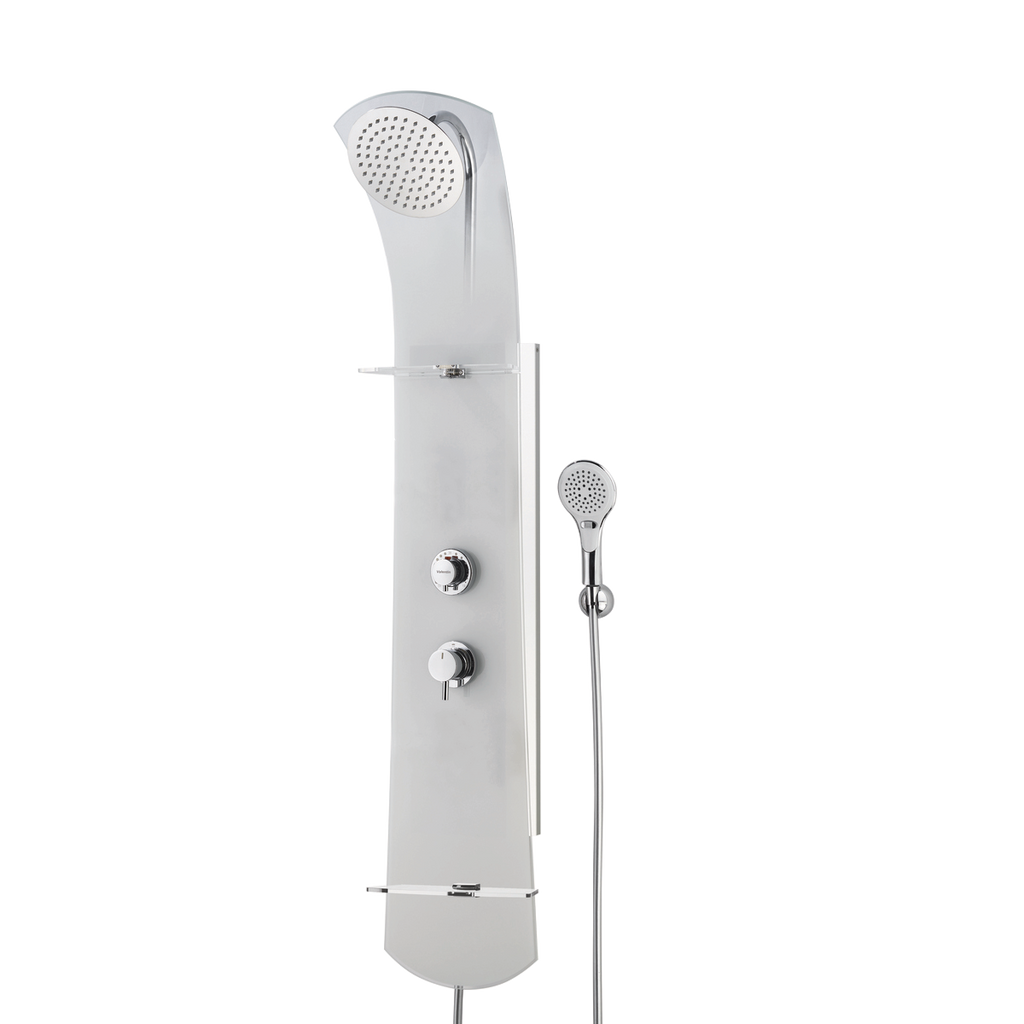Colonne de douche blanche avec rangements,Colonne de douche Nautilus blanche Valentin,Colonne de douche thermostatique blanche,Colonne de douche avec rangements en verre blanc